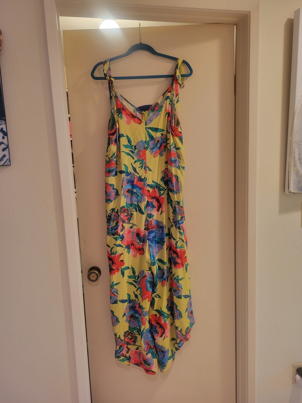 Neon Vince Camuto Yellow Lime Grewn Floral Tie-Shoulder Jumpsuit